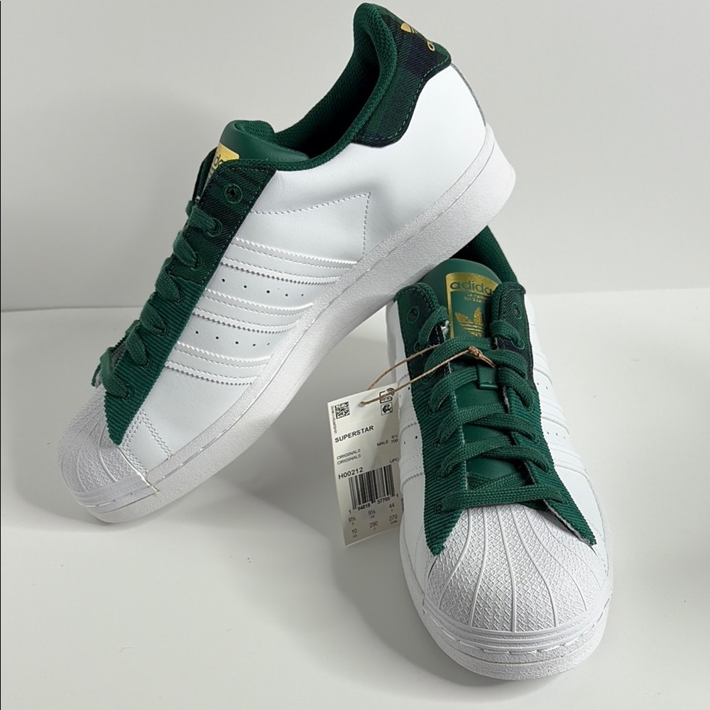 adidas White and Dark Green Classic Superstar Sneakers H00212